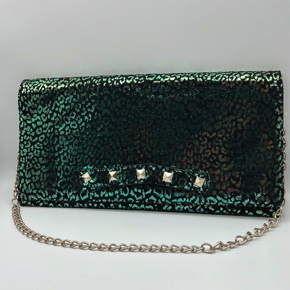 Cute! Betsy Johnson clutch purse, teal-silver metallic cheetah - Picture 3 of 8